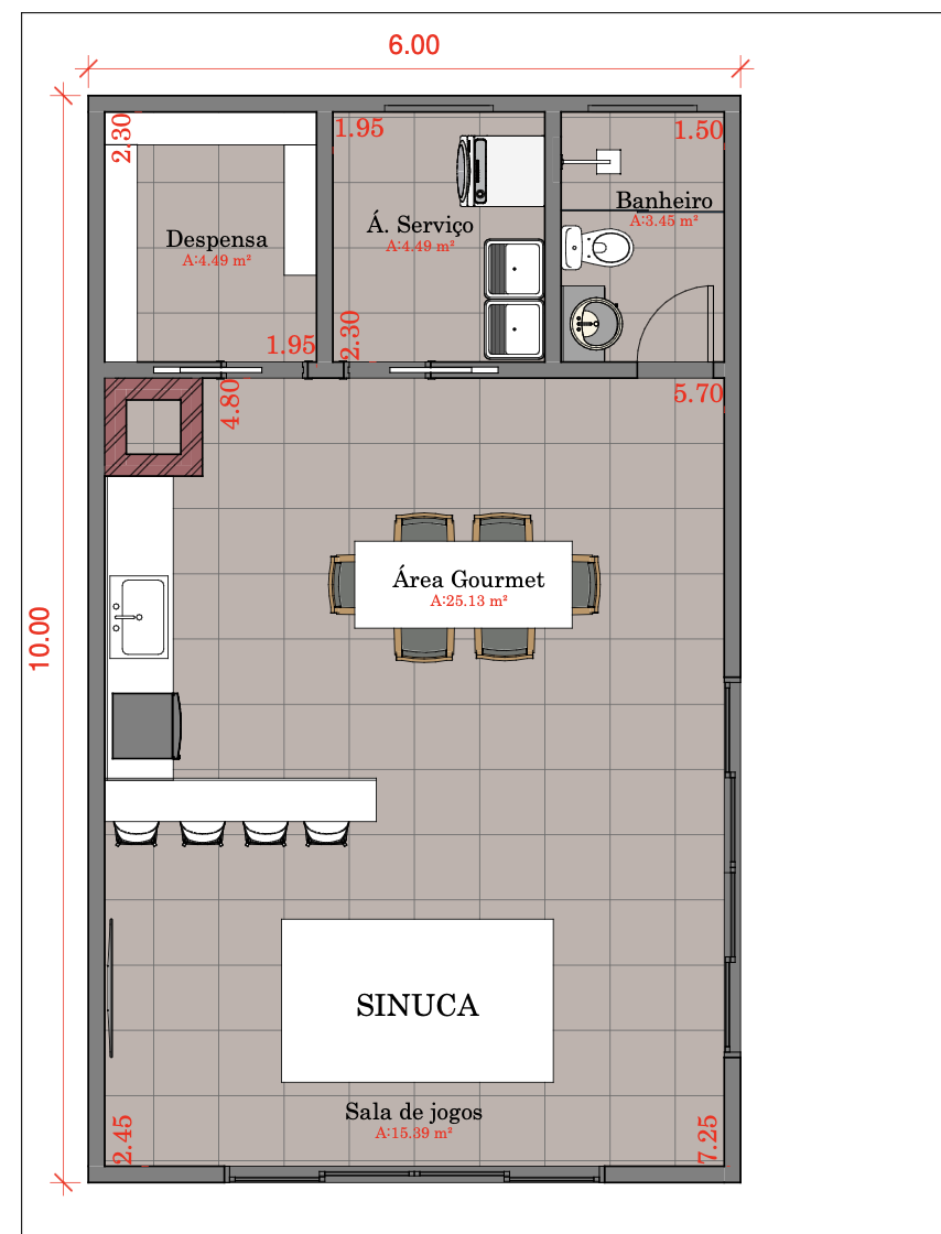 Planta baixa de área gourmet com sala de jogos
