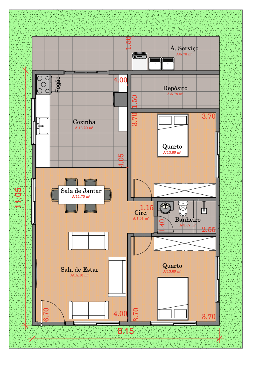 Planta baixa de casa com dois quartos