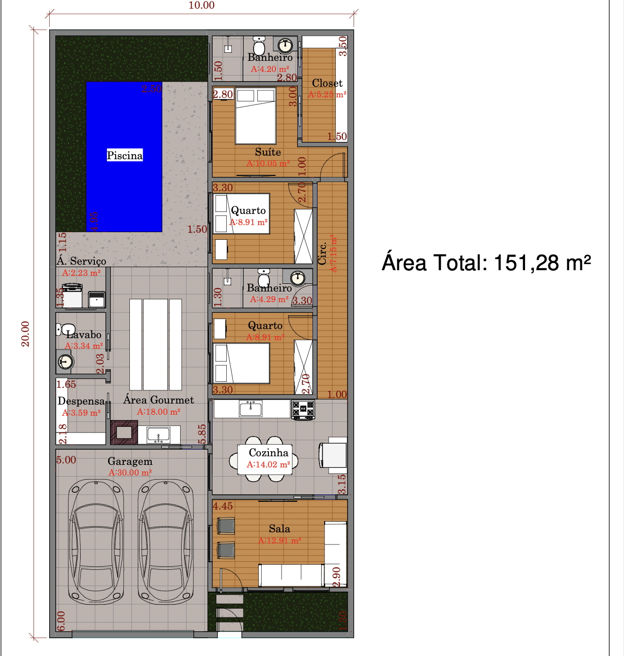 Planta baixa de casa com piscina e garagem