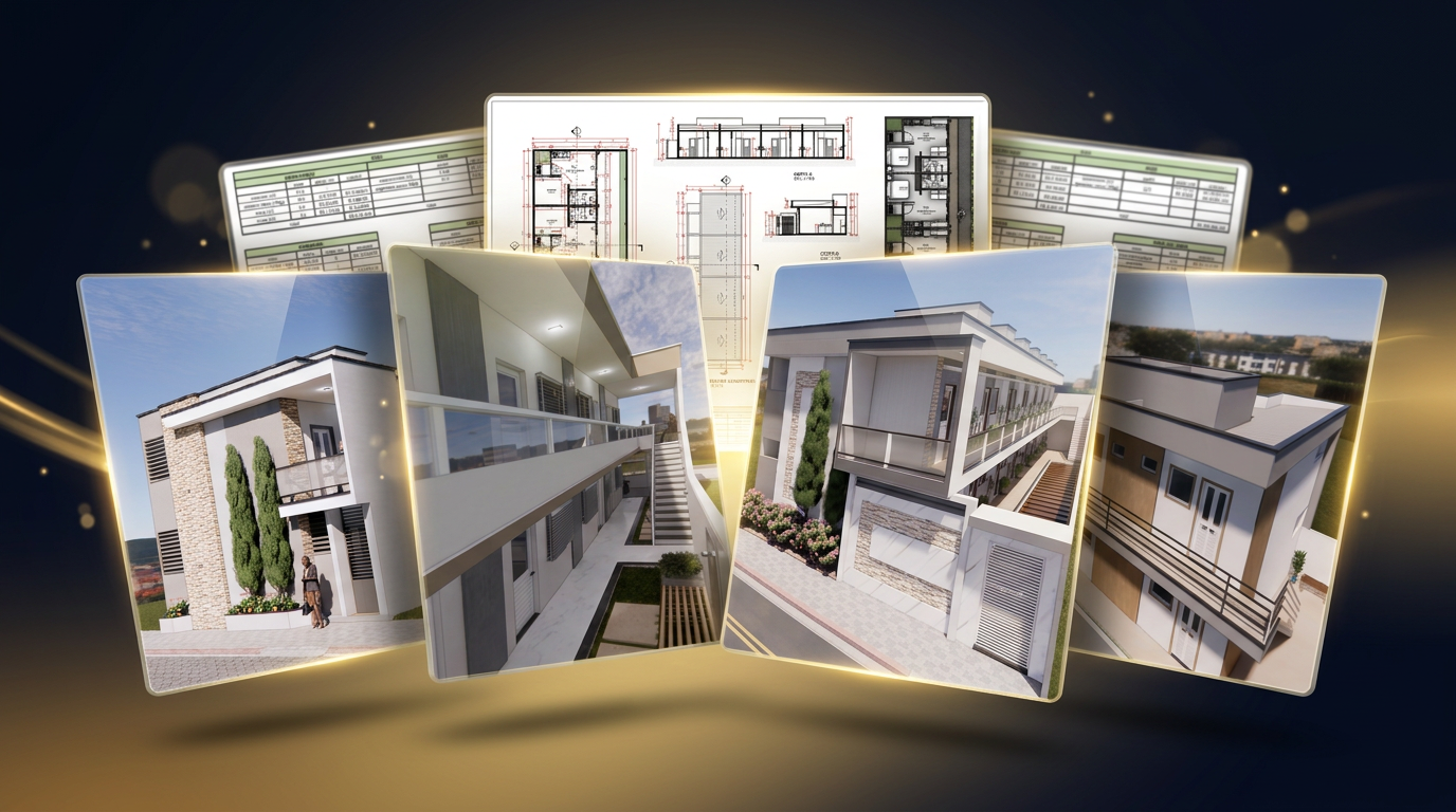 Mockup do pacote completo: renders 3D, planta baixa e planilha de custos