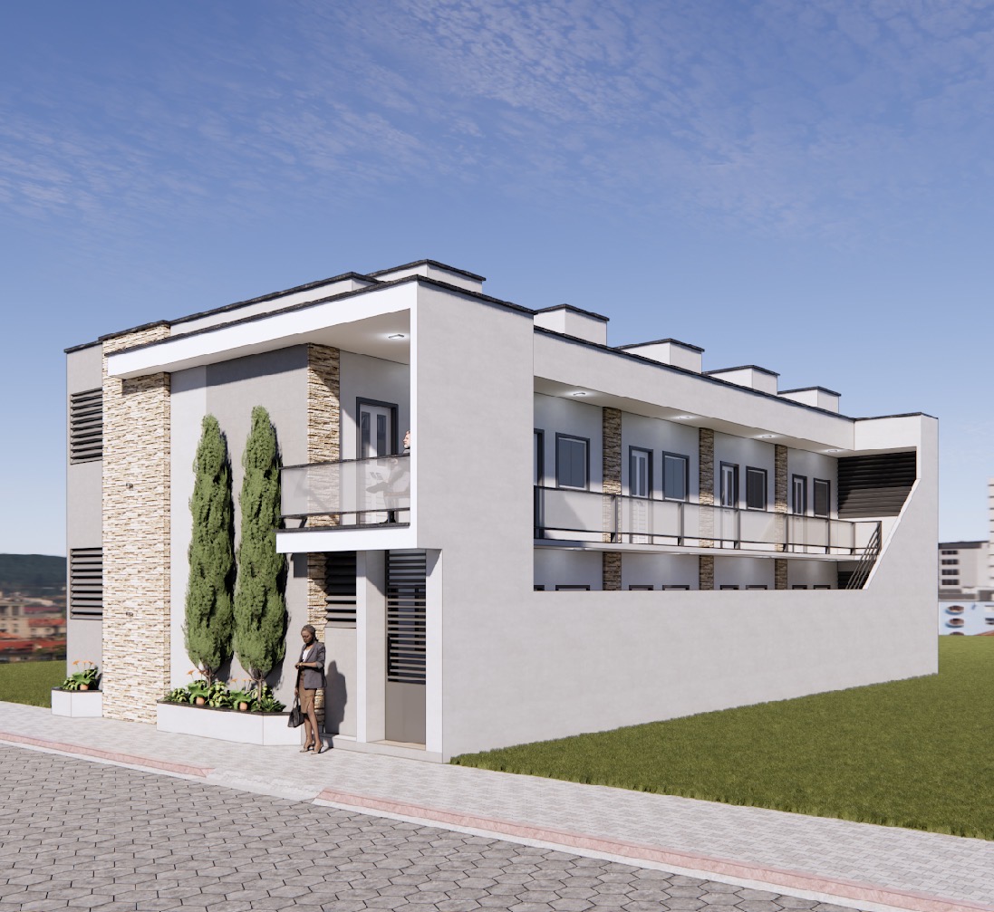 Render 3D do projeto com 10 kitnets em lote 10x20