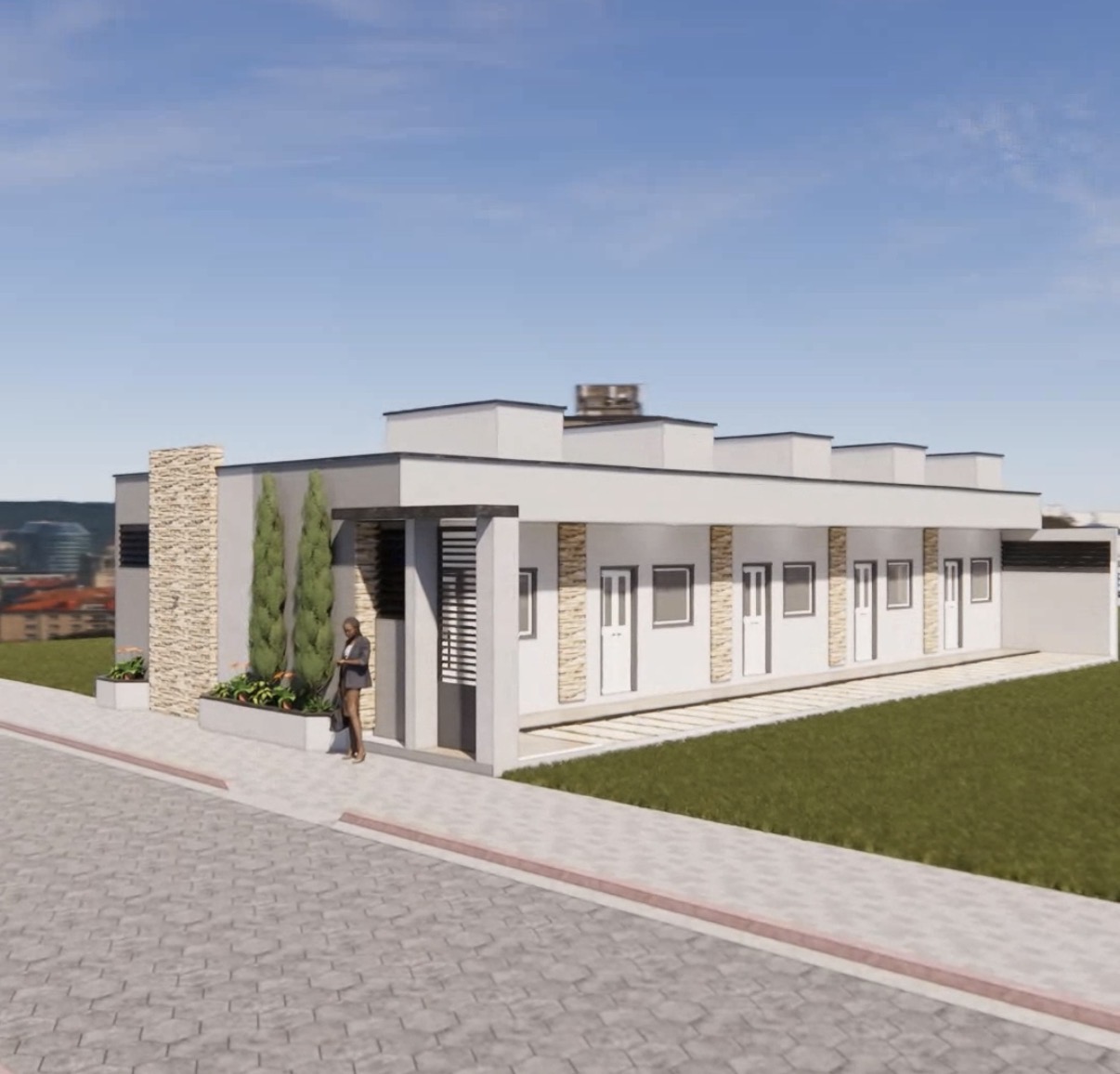 Render 3D do projeto com 5 kitnets em lote 10x20