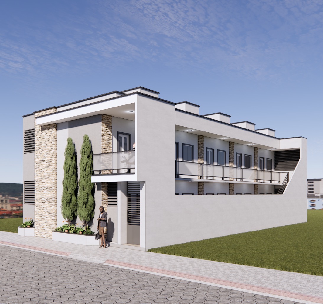Render 3D de fachada de kitnets — modelo moderno